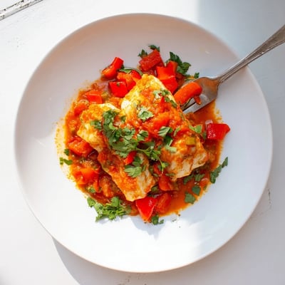 Flaky fish simmered gently in rich spiced tomato sauce with colorful diced bell peppers