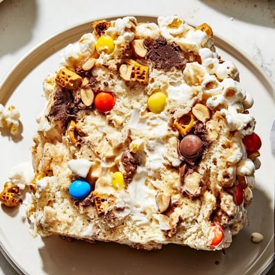 Slice of Popcorn Cake on plate, buttery marshmallow binding, sprinkled candies