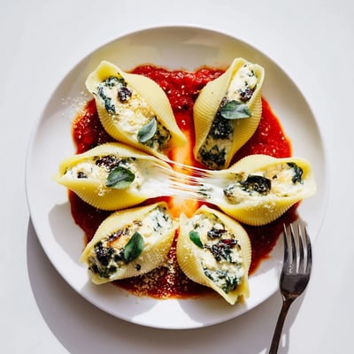 Baked Festive Christmas Stuffed Pasta bubbling in tomato sauce, fragrant basil garnish