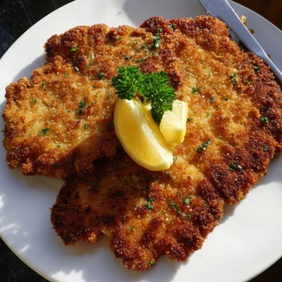 Slice of Crispy Beef Escalope Milanese sprinkled with parsley, served with arugula
