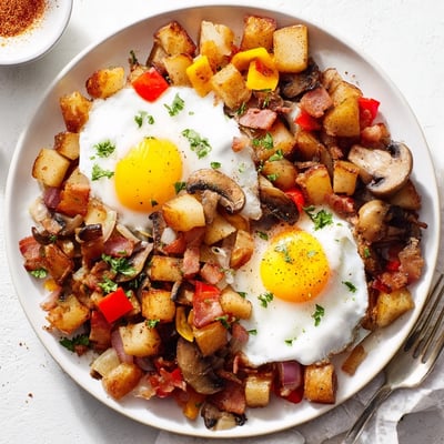 Hearty Breakfast Hash With Eggs topped with chopped parsley, served with toast.