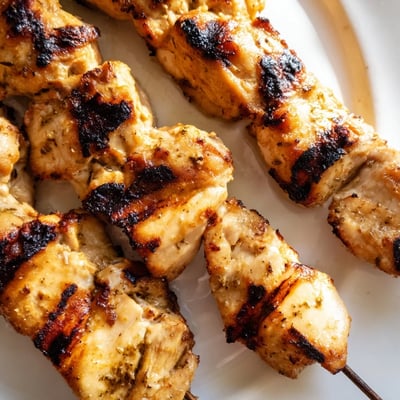 Tender chicken pieces threaded on skewers after marinating in creamy Greek yogurt blend with lemon and spices