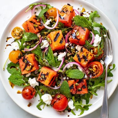 Charred watermelon cubes tossed with tangy balsamic glaze, fresh mint, cherry tomatoes, and crumbled feta.