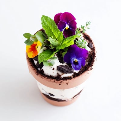 Chocolate edible potted floral garden served in flower pots with vibrant edible flowers and fresh mint sprigs