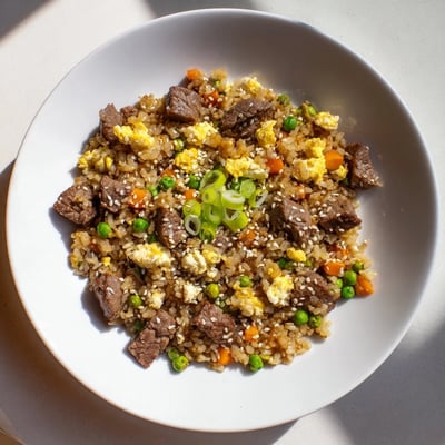 Golden fried rice featuring marinated steak, crisp peas and carrots, garnished with sesame seeds and fresh green onions