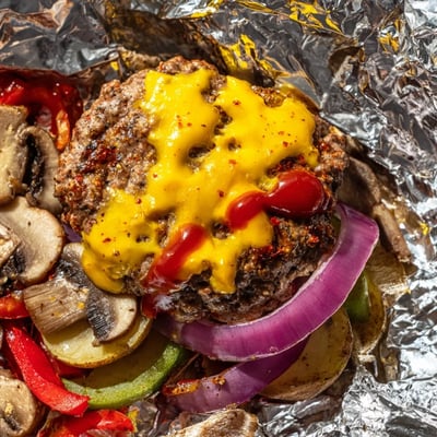 Juicy campfire cheeseburger hobo packets opened to reveal sizzling beef and colorful roasted vegetables
