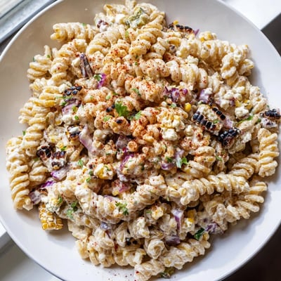 Smoky charred corn and tangy lime coat this vibrant Elote Street Corn Pasta Salad