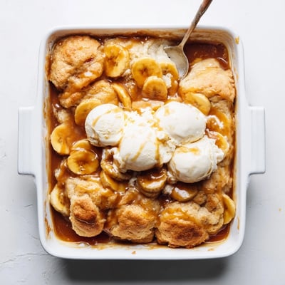 A warm slice of Southern banana cobbler topped with melting vanilla ice cream and caramel sauce.