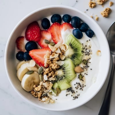 This easy yogurt fruit bowl recipe showcases layered Greek yogurt, kiwi, strawberries, and nuts, ideal for a quick healthy morning meal.