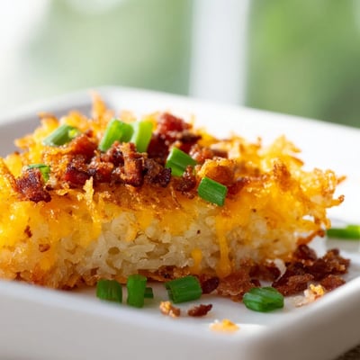 Crispy appetizer of Cheesy Loaded Hashbrown Bites filled with melted cheese bacon and green onions